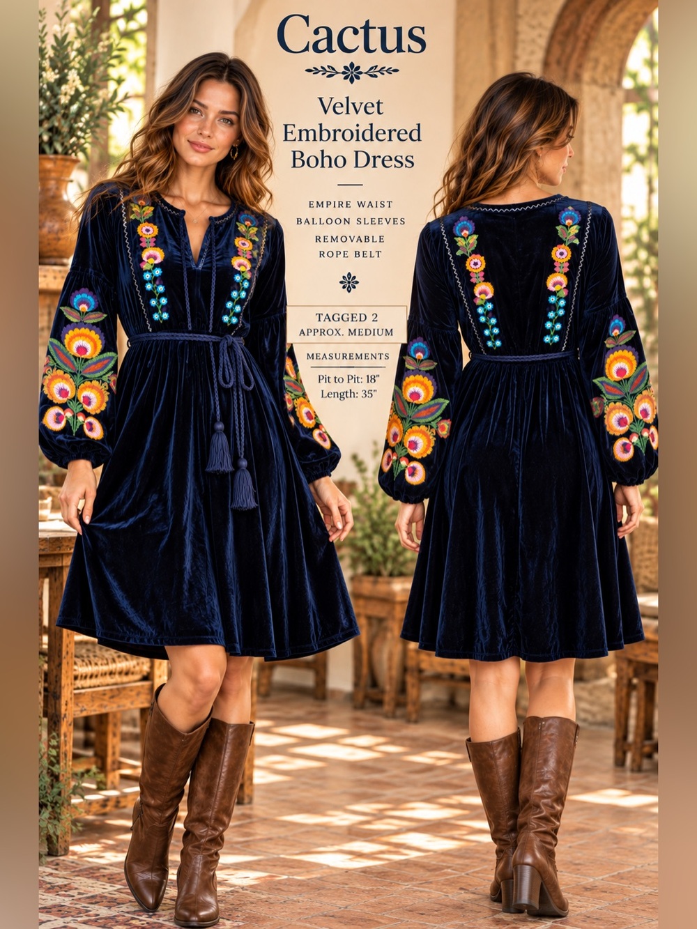 Boho dress medium heavy floral embroidery navy blue velvet cottagecore empire